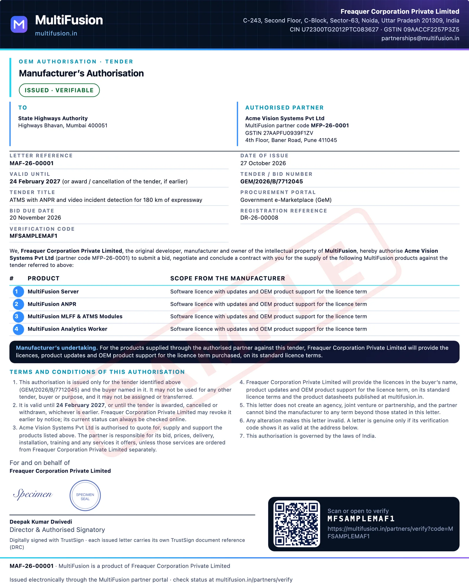 Sample MultiFusion manufacturer’s authorisation letter, full size