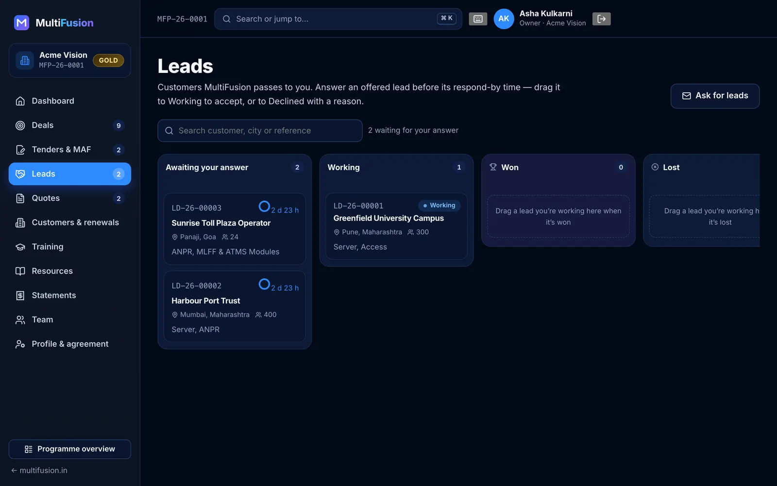 MultiFusion partner portal: Leads